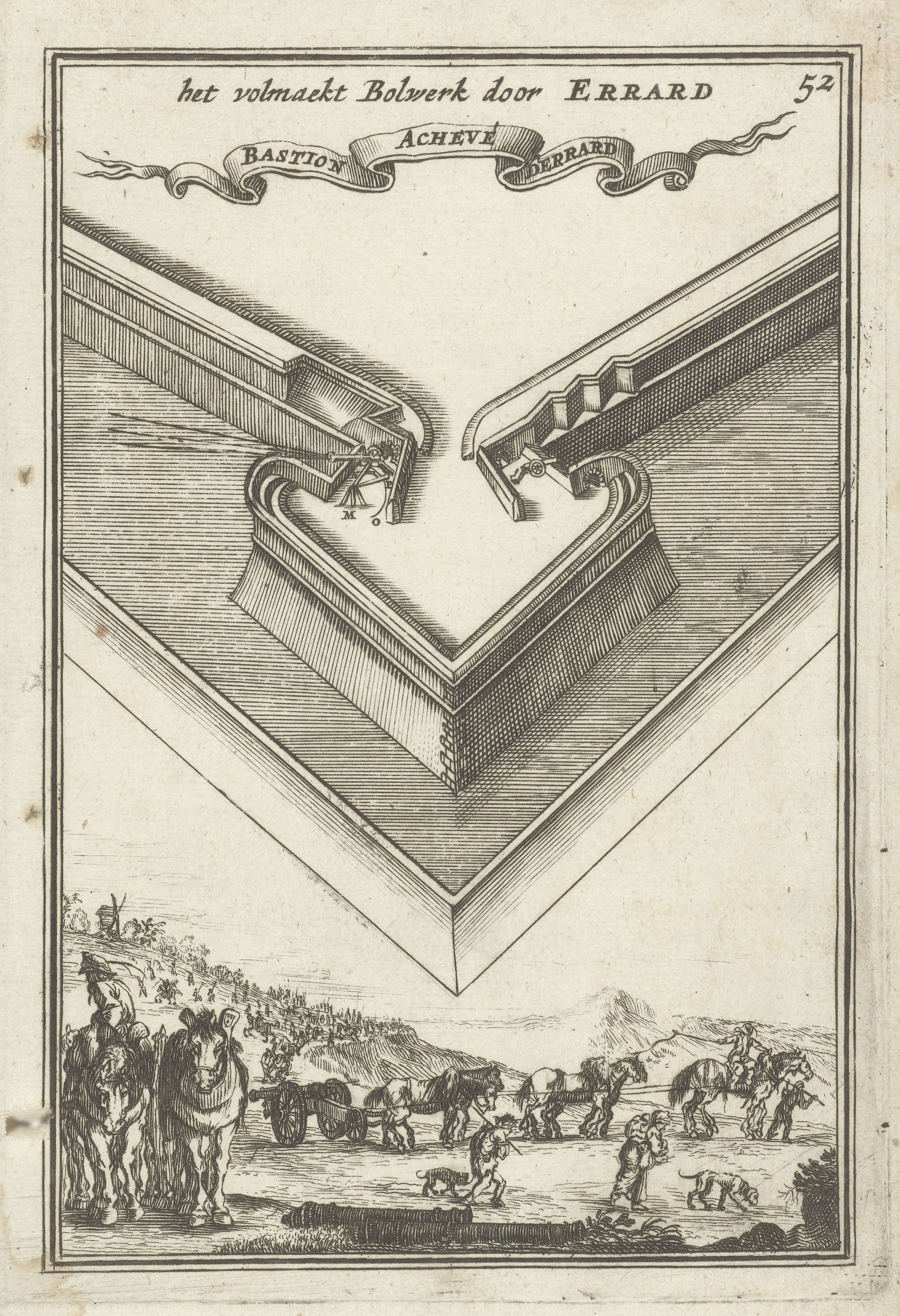 A black and white engraving of a bastion fortification with soldiers on horseback below.