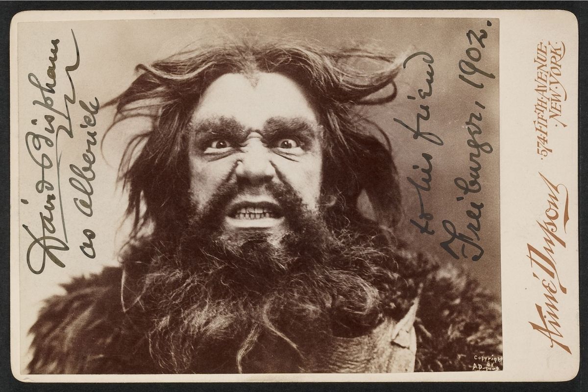 Sepia-toned photograph of David Bispham as Alberich, a character with horns and a thick beard, signed and dated 1907.
