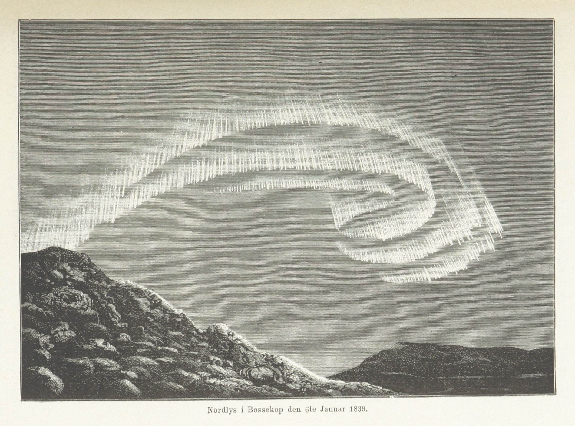 A vintage black and white engraving of a dramatic aurora borealis display over a hilly landscape. The sky is filled with swirling, ribbon-like patterns of light, and the foreground is dominated by a series of rounded hills.