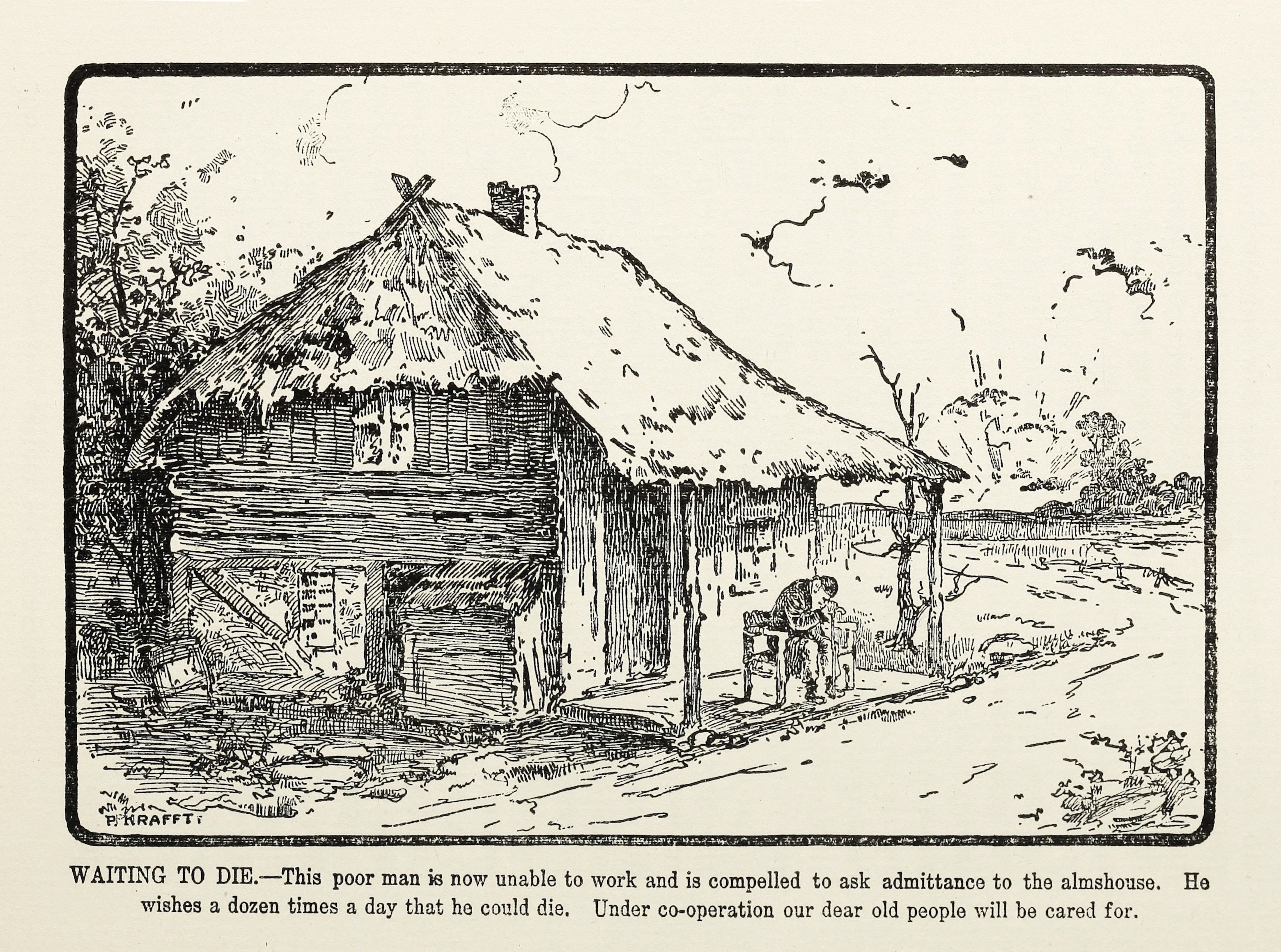 A black and white illustration of a dilapidated building, likely an almshouse, with a man pleading for admittance. The scene conveys a sense of poverty and desperation.