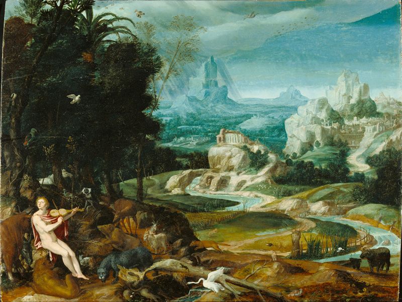 A detailed landscape painting with a nude woman playing a pipe surrounded by animals in a rugged, mountainous valley.