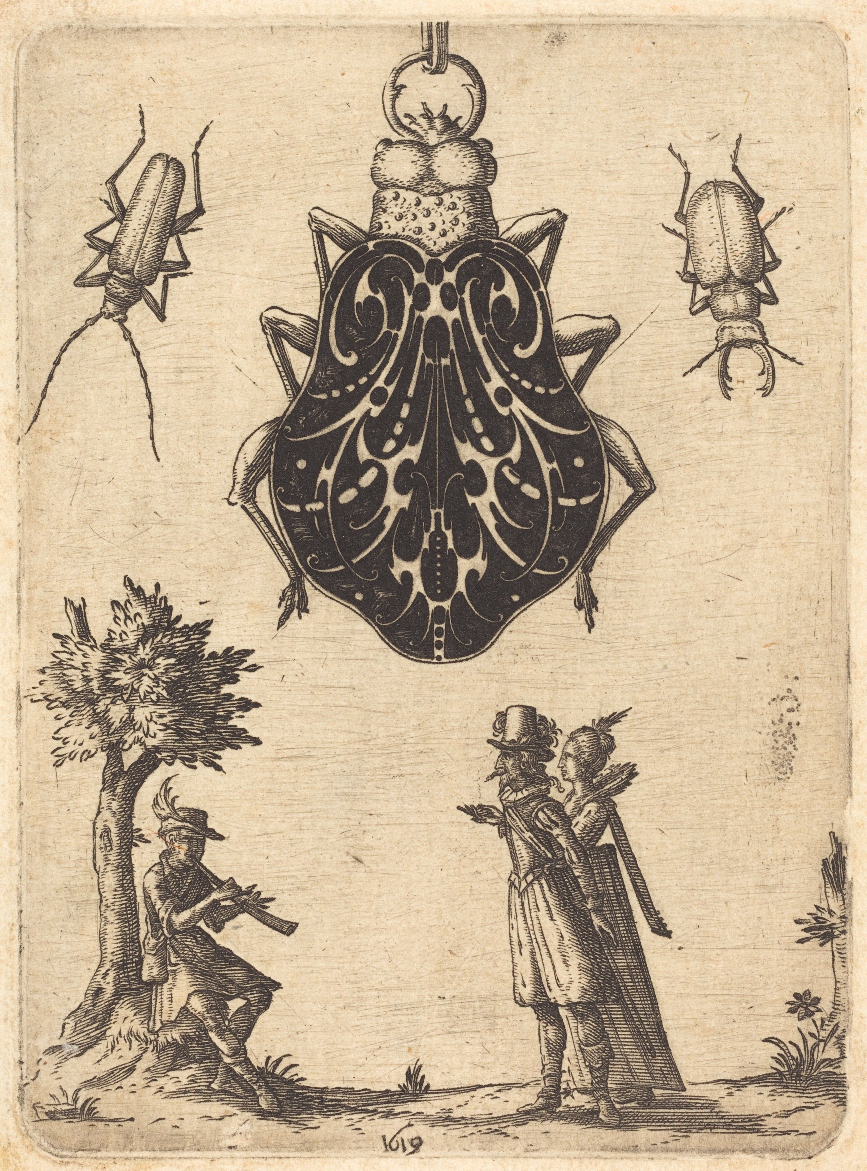 A vintage black and white engraving depicting a large, ornate beetle flanked by two smaller beetles, with a man playing an instrument under a tree and two figures conversing in the foreground. The date '1619' is visible in the lower center.