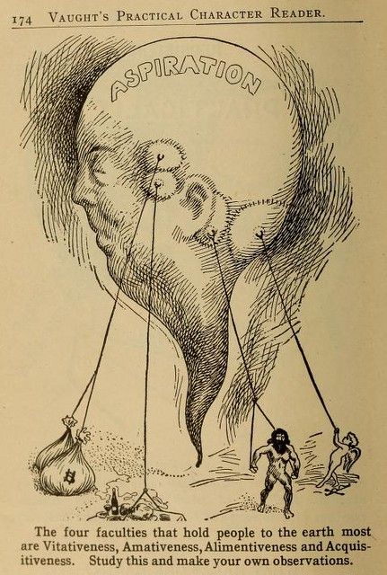 Vintage illustration of a large ethereal figure with a human head being held down by ropes attached to a bag of coins, a bottle, and two smaller figures. Text below reads: "The four faculties that hold people to the earth most are Vitativeness, Amativeness, Alimentiveness and Acquisitiveness. Study this and make your own observations."