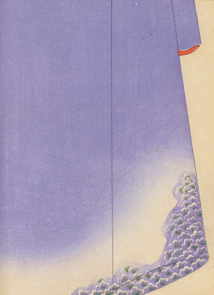 Close-up of a lavender garment with a floral pattern along the bottom edge.