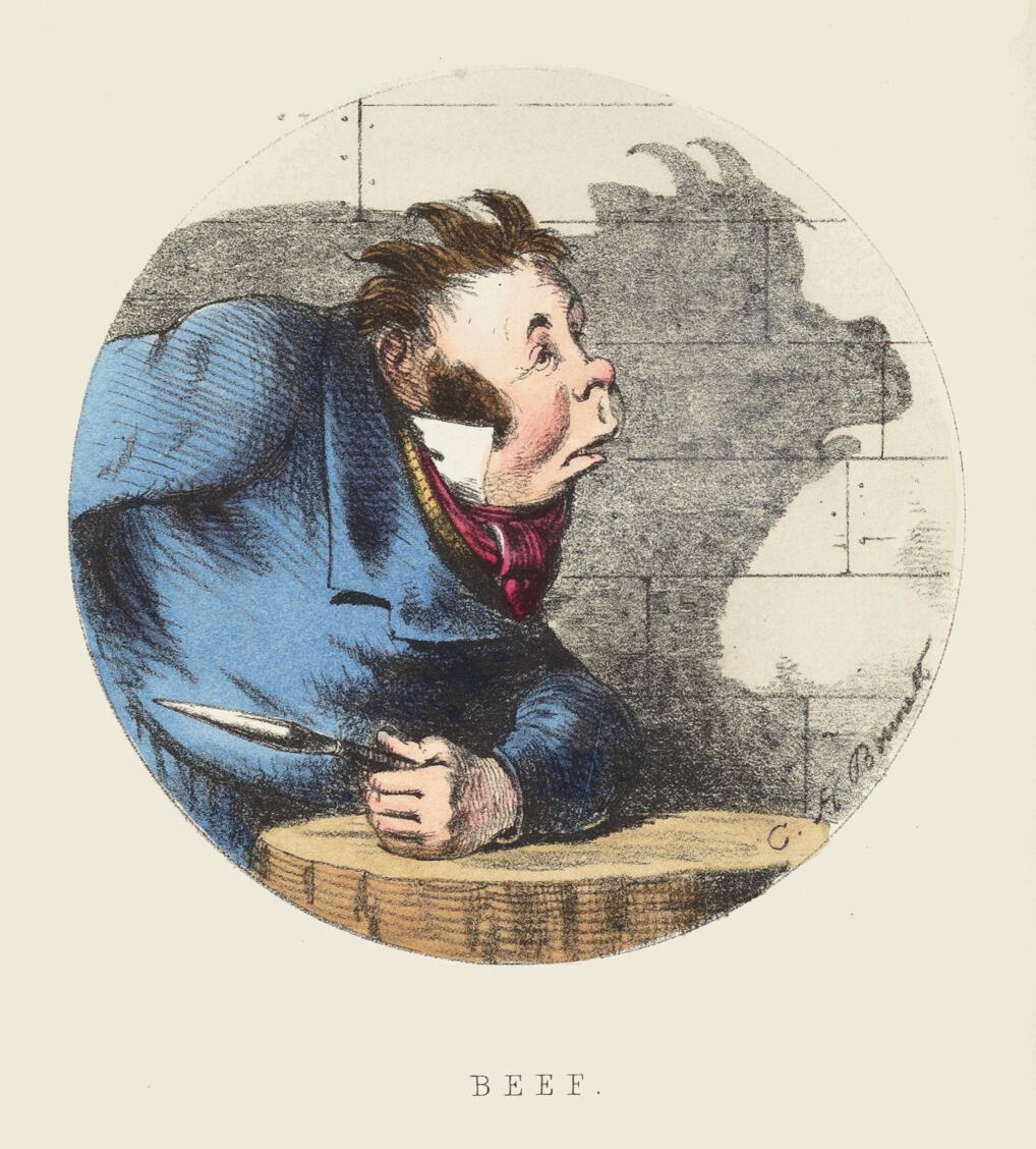 Vintage cartoon of a man looking at a monstrous shadow on the wall, labeled 'BEEF'.