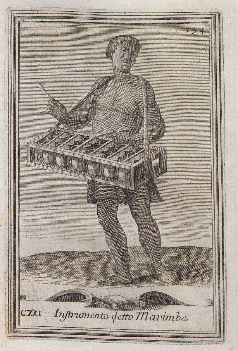 A vintage engraving of a man playing a marimba.