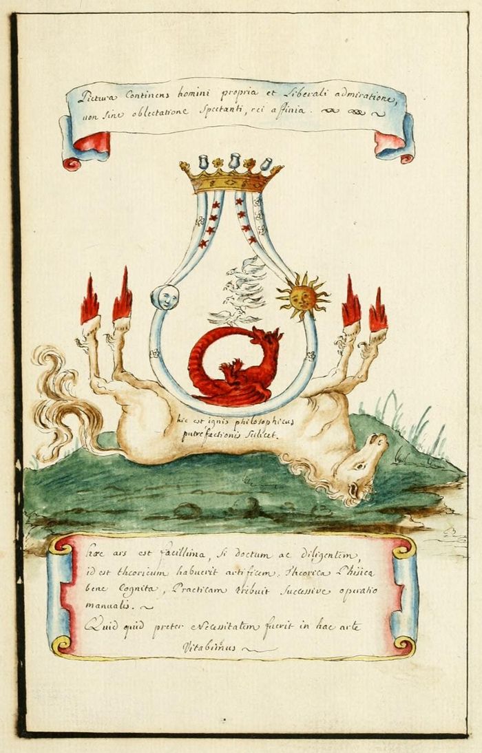 A detailed illustration from a manuscript page featuring a crowned structure with a red dragon emerging from a sun and moon, supported by two sea monsters, and surrounded by handwritten text and an elaborate border.