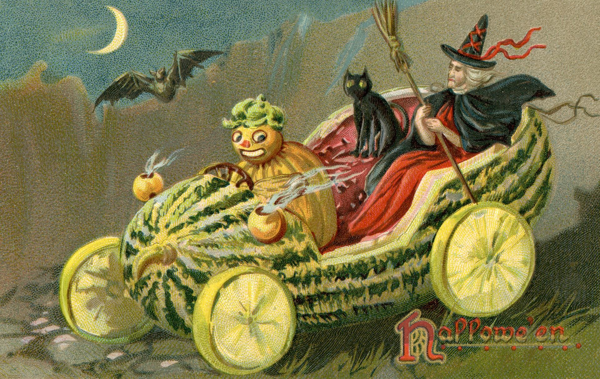 Vintage Halloween postcard featuring a witch driving a pumpkin carriage with a black cat and scarecrow.