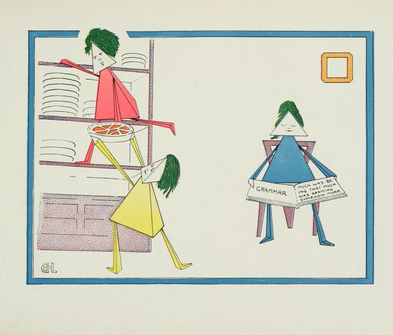 A whimsical illustration of three figures and a pie, with a sign that says 'GRAMMAR'.