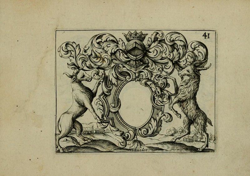 A detailed black and white illustration of a coat of arms with two deer supporting a shield, set against a landscape with buildings.