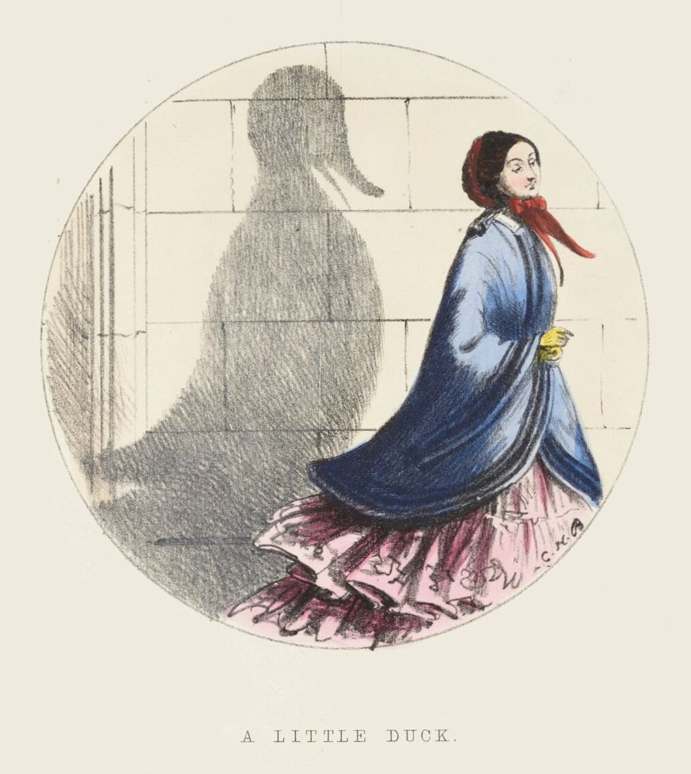 Vintage illustration of a woman whose shadow is cast in the shape of a duck, with the text “A LITTLE DUCK” below.