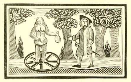 A woodcut illustration of a woman riding a large wheel while a man watches.