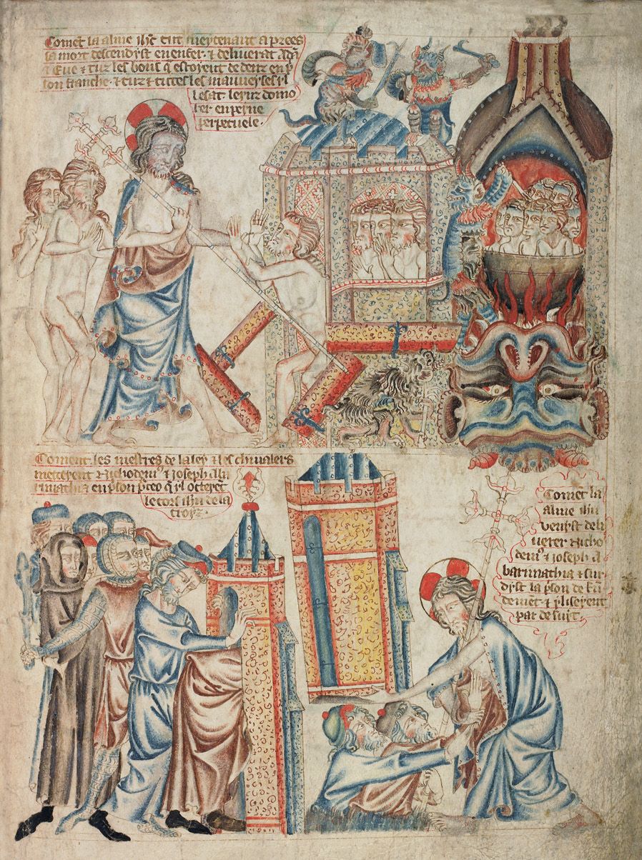 A detailed medieval illustration depicting a complex religious scene with multiple figures, architectural elements, and symbolic imagery.