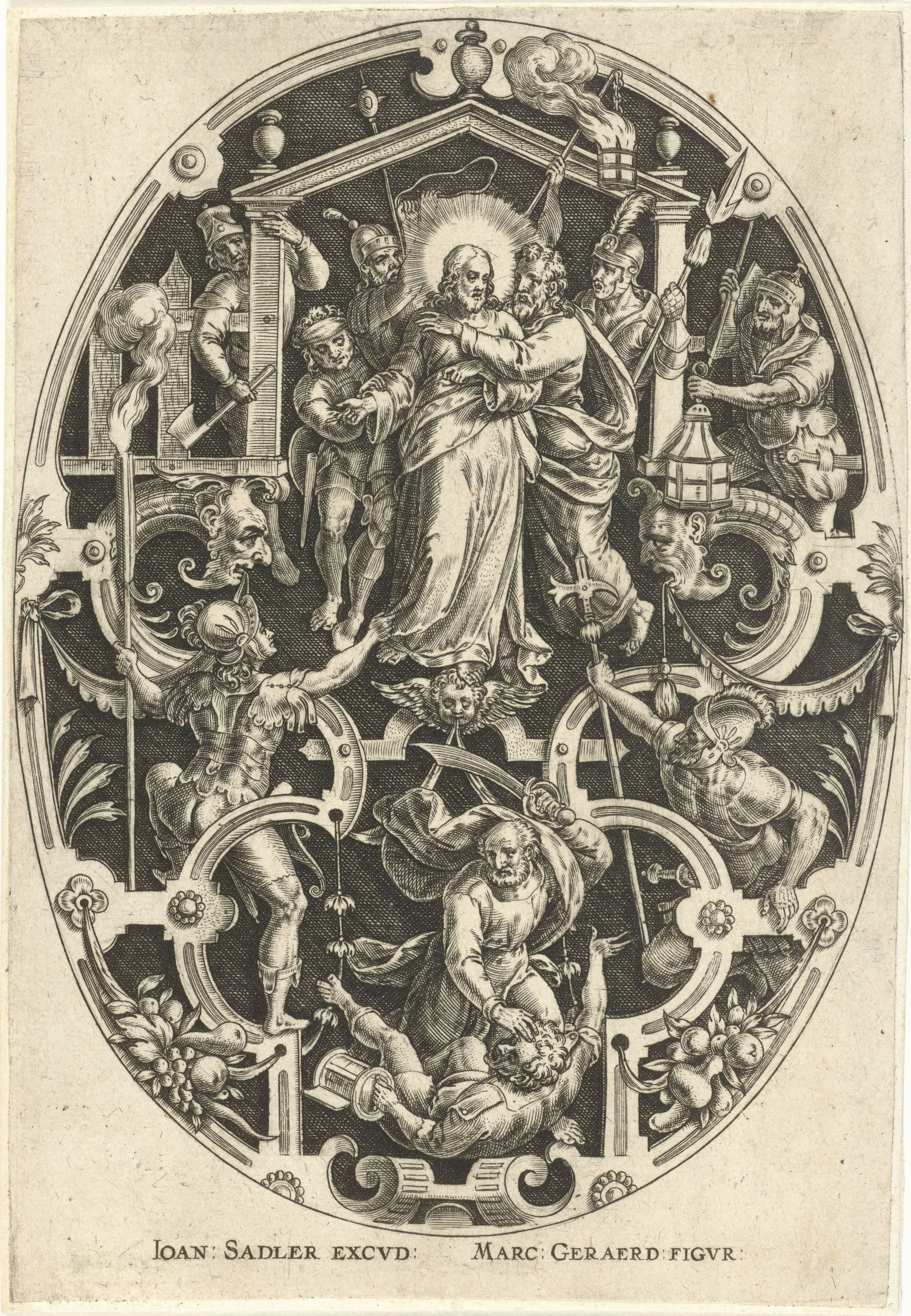 A detailed black and white engraving depicting the Annunciation within an ornate circular frame.