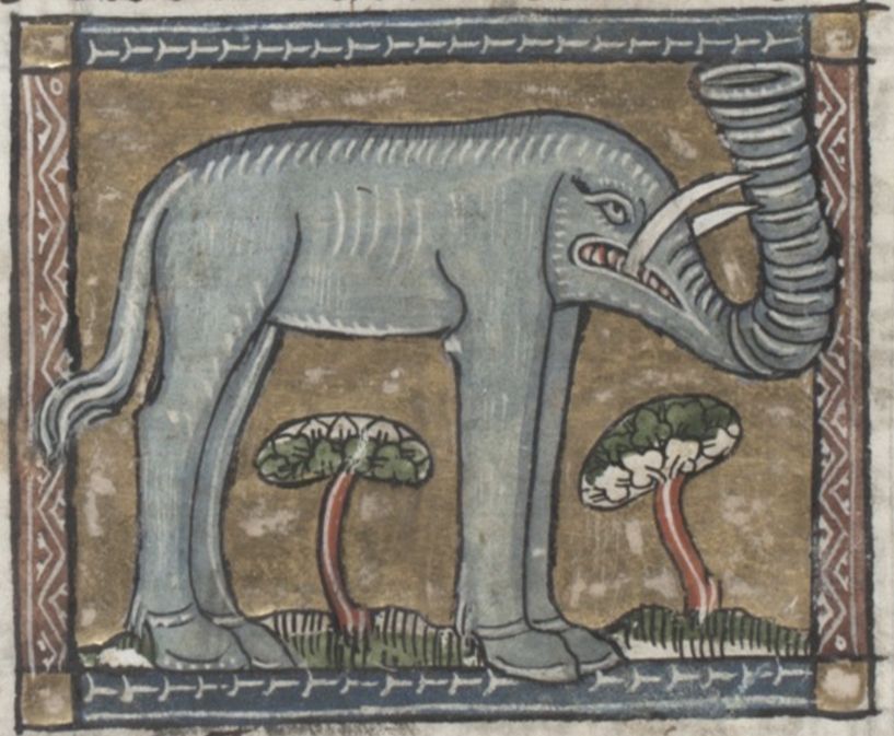 Medieval illustration of an elephant standing next to two stylized trees, framed by a decorative border.