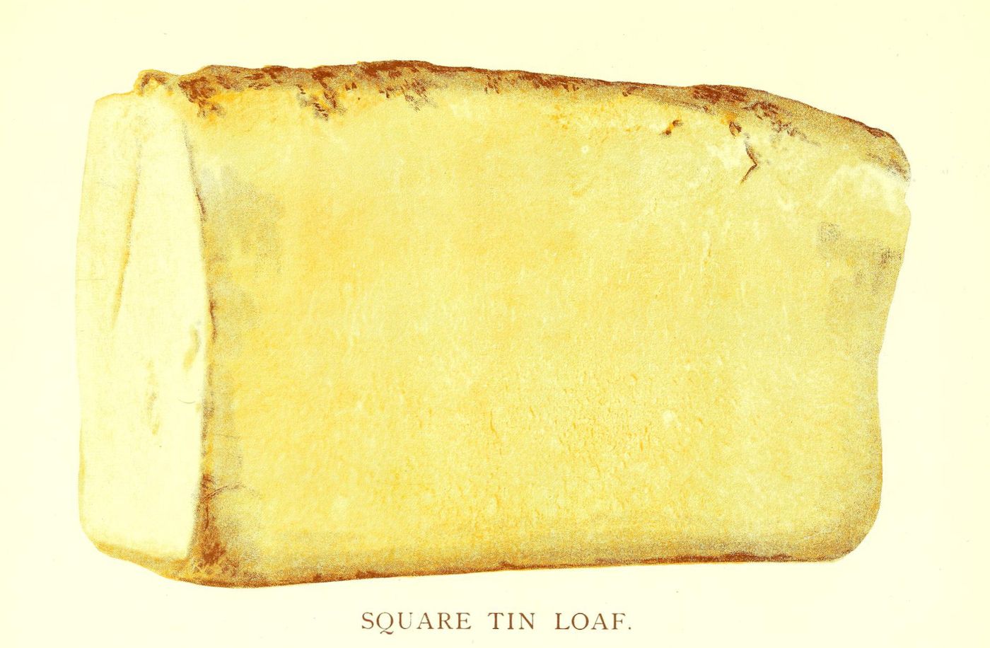 A vintage illustration of a square tin loaf of bread with a golden-yellow crust.
