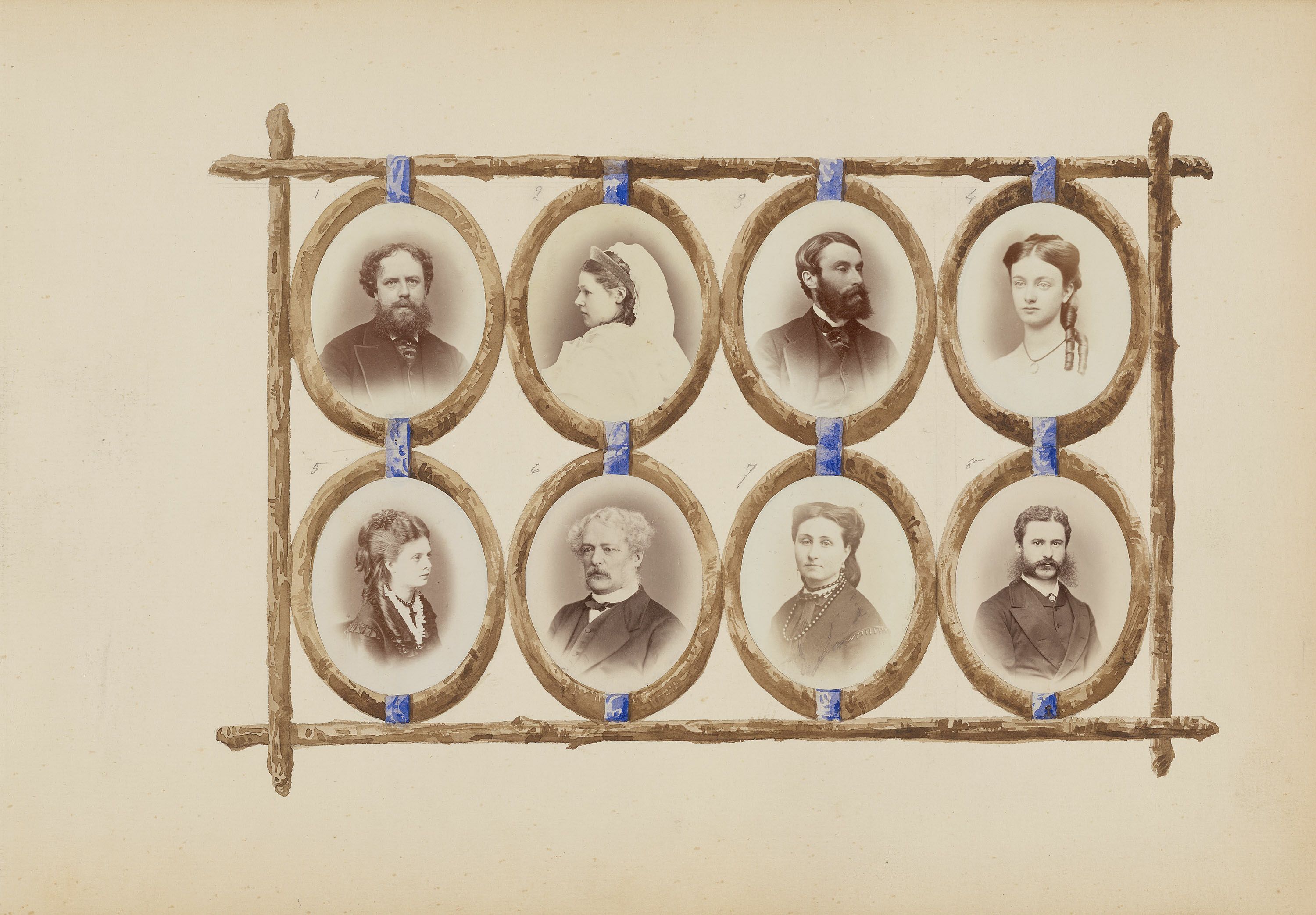 Vintage albumen print photograph featuring a grid of eight oval portraits arranged within a rustic twig frame.