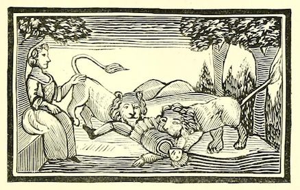 A black and white woodcut illustration of a woman calmly touching a lion while two other lions wrestle over a man on the ground.