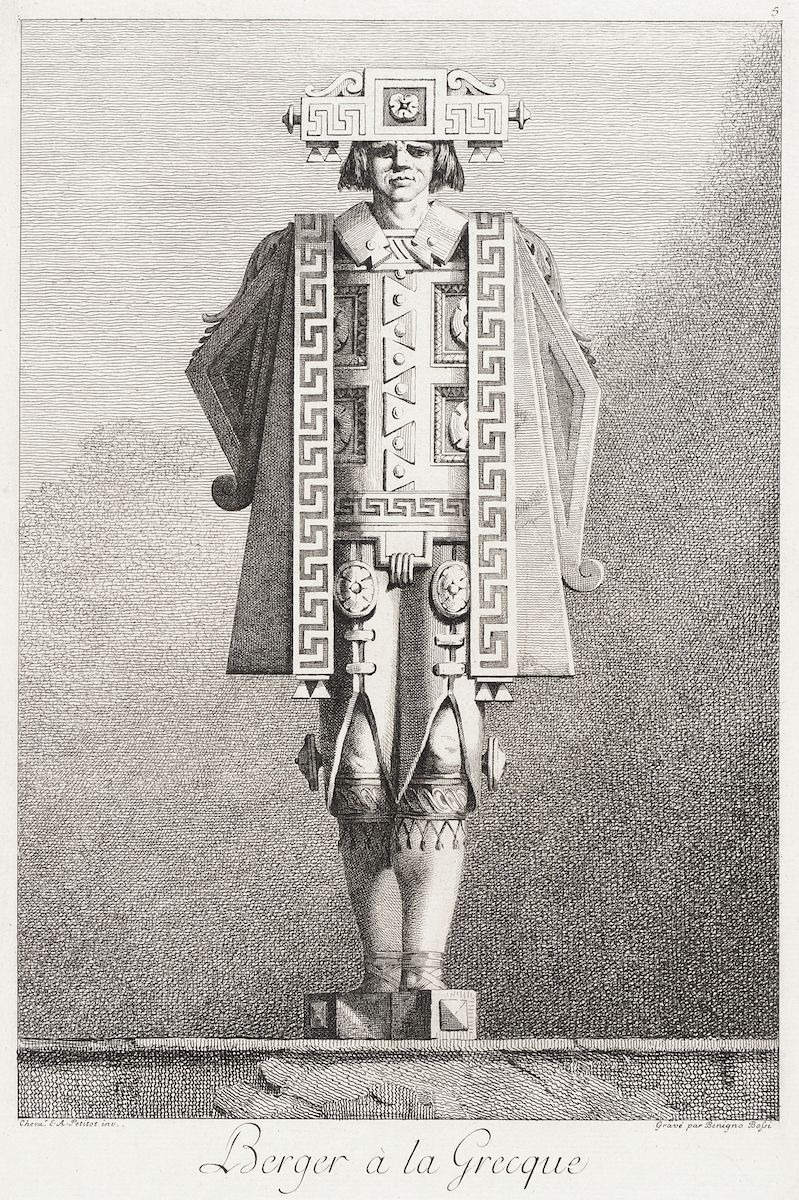 A detailed engraving of a person in Greek-style armor, with a shield and spear, labeled 'Berger à la Grecque'.