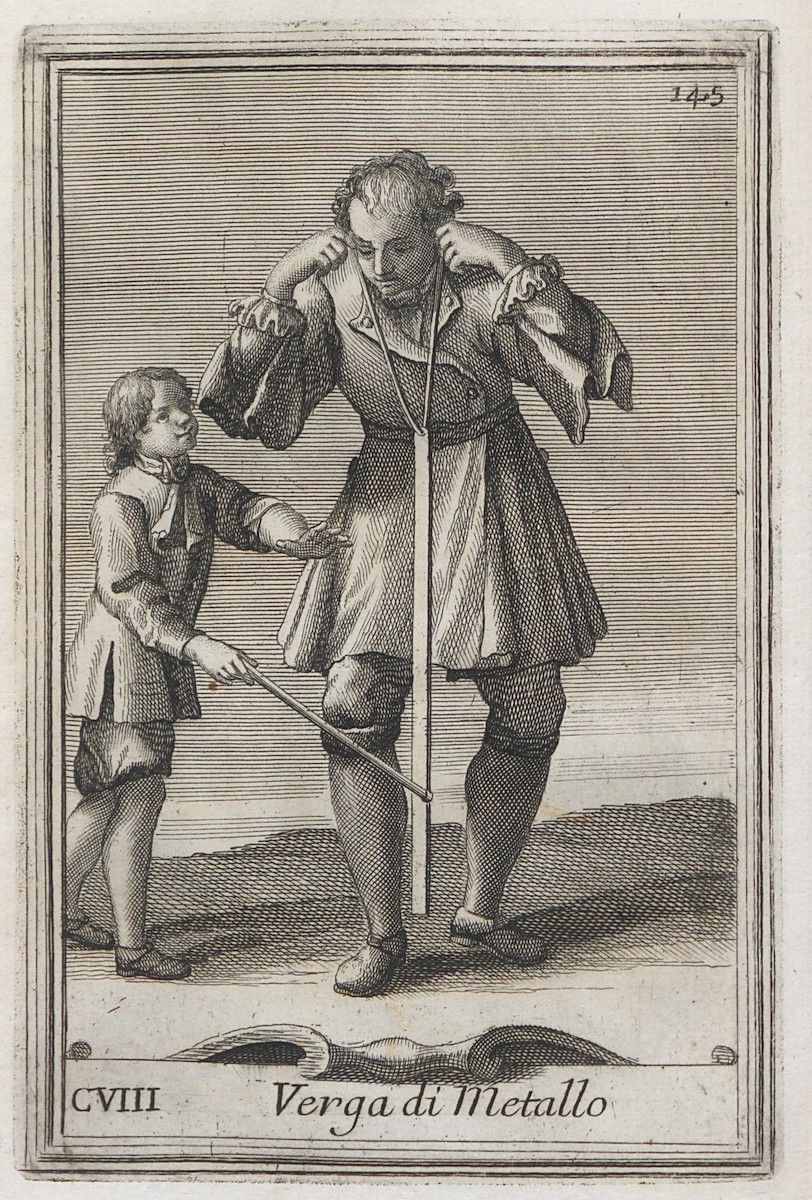 A black and white engraving depicting a boy punishing an adult man with a rod.