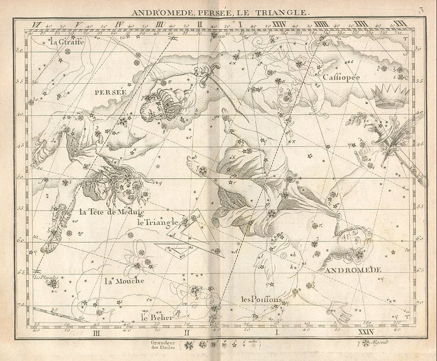 Vintage star chart titled "ANDROMEDE, PERSEE, LE TRIANGLE" depicting constellations and stars.