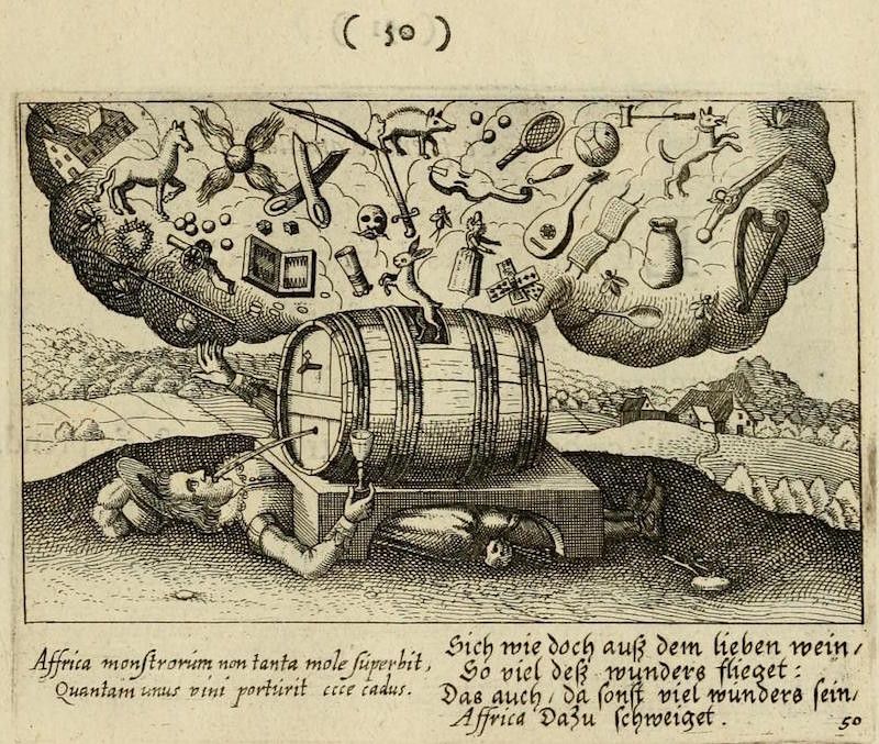 A black and white engraving depicting a chaotic scene centered around a large barrel with people, animals, and objects swirling around it.