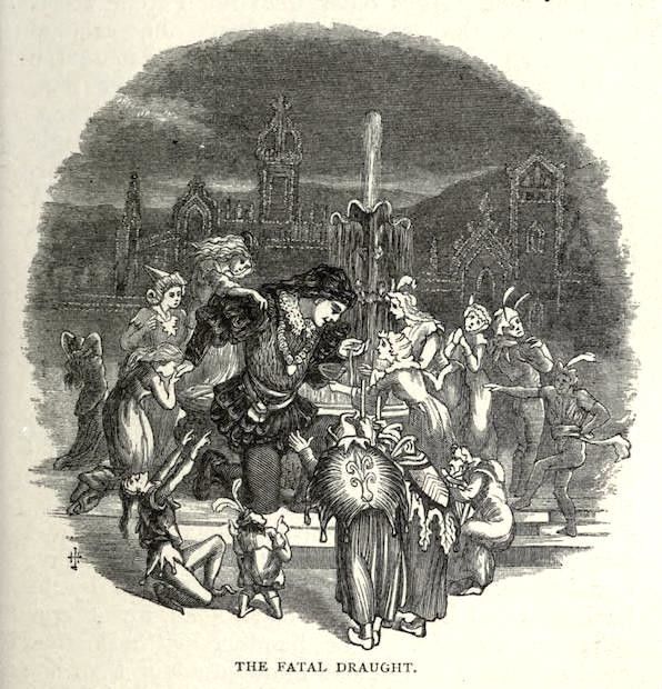 A black and white engraving titled "The Fatal Draught" depicting a group of people gathered around a fountain in a town square. A man is offering a drink to a kneeling woman, while others dance, reach for the drink, or kneel around them.