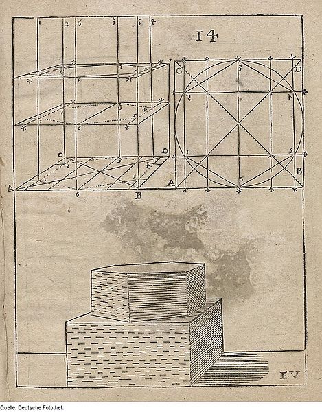 Vintage illustration of a geometric diagram and a stepped pyramid.