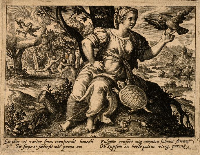 A detailed black and white engraving depicting a classical scene with a woman holding a bird, a tree, and a landscape in the background.