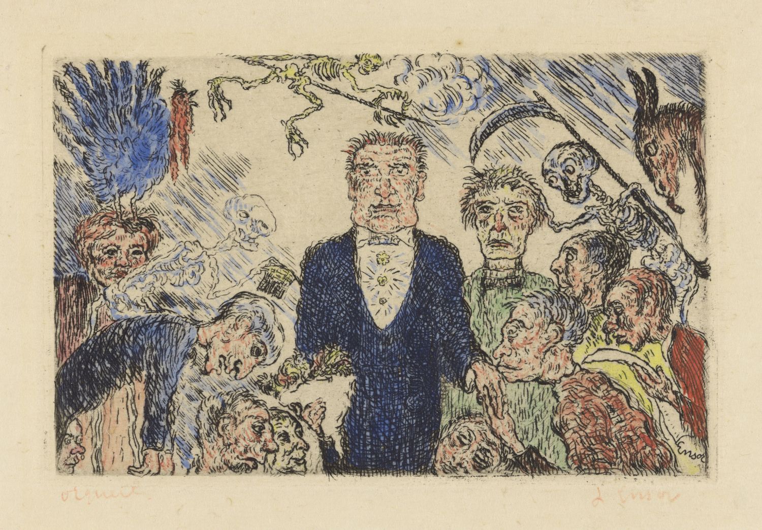 A color lithograph by Edvard Munch titled 'The Sick Child'. The image depicts a crowded scene with a central figure in a dark suit standing amidst a throng of people and skeletal figures.