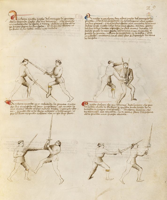 A page from a medieval manuscript with detailed illustrations of figures engaged in combat with swords and polearms. The page is aged and filled with text in an old script.