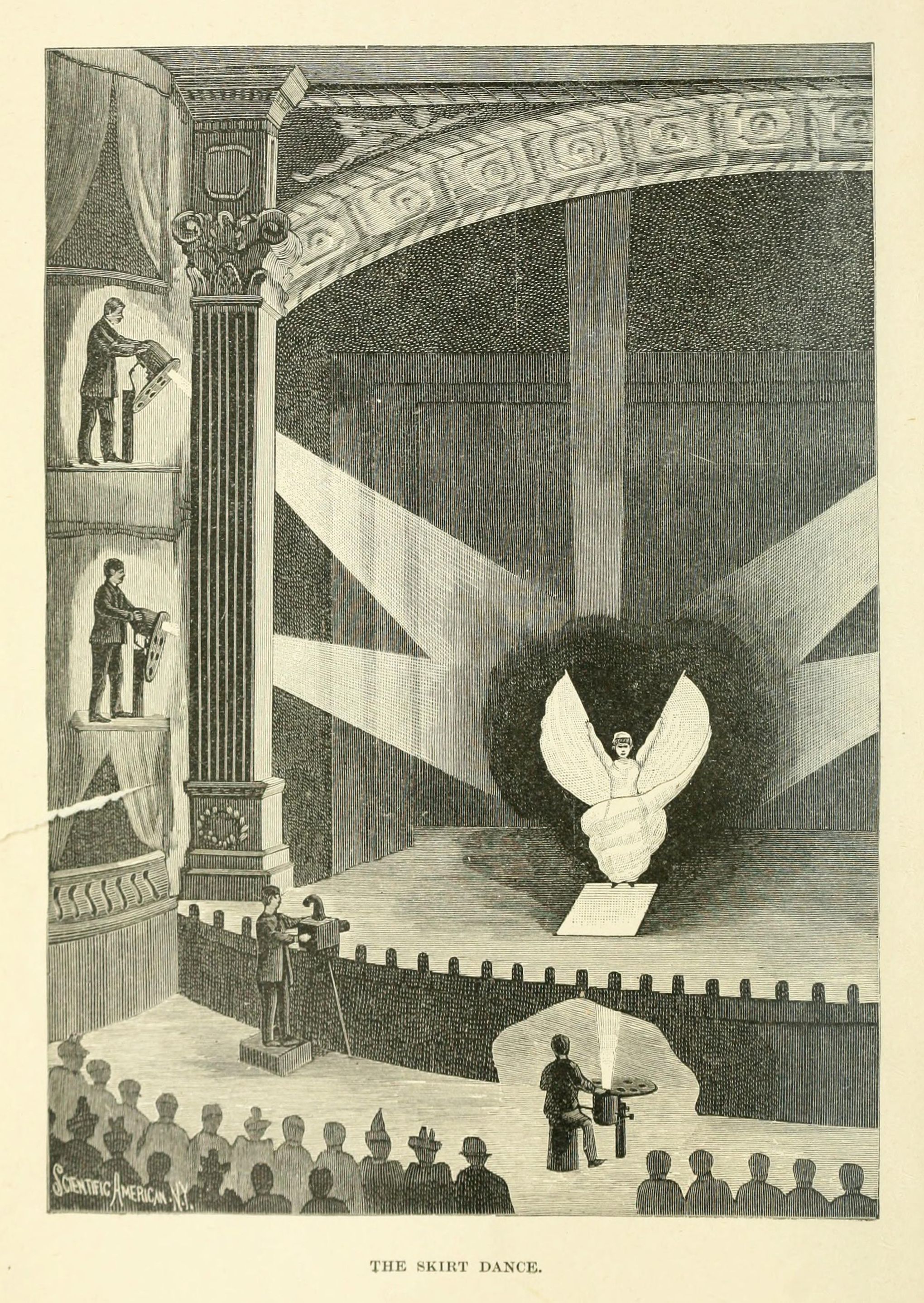 Vintage illustration of a theatrical performance titled 'The Skirt Dance', featuring a dancer on stage with an audience and musicians.