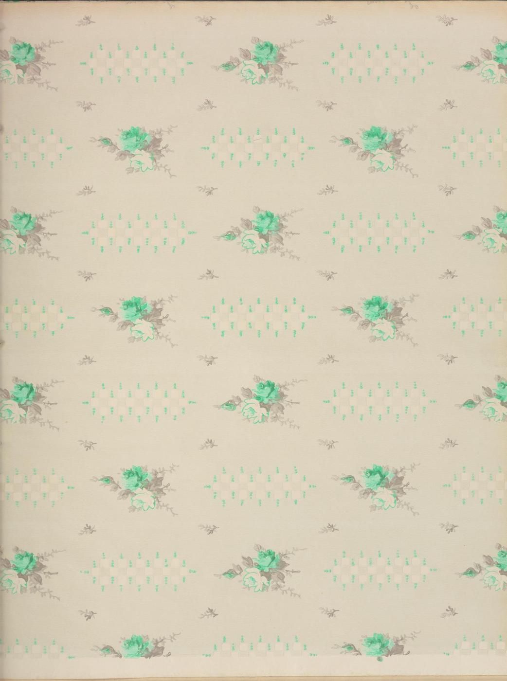 Vintage floral wallpaper with teal roses and muted brown leaves on a creamy yellow background.