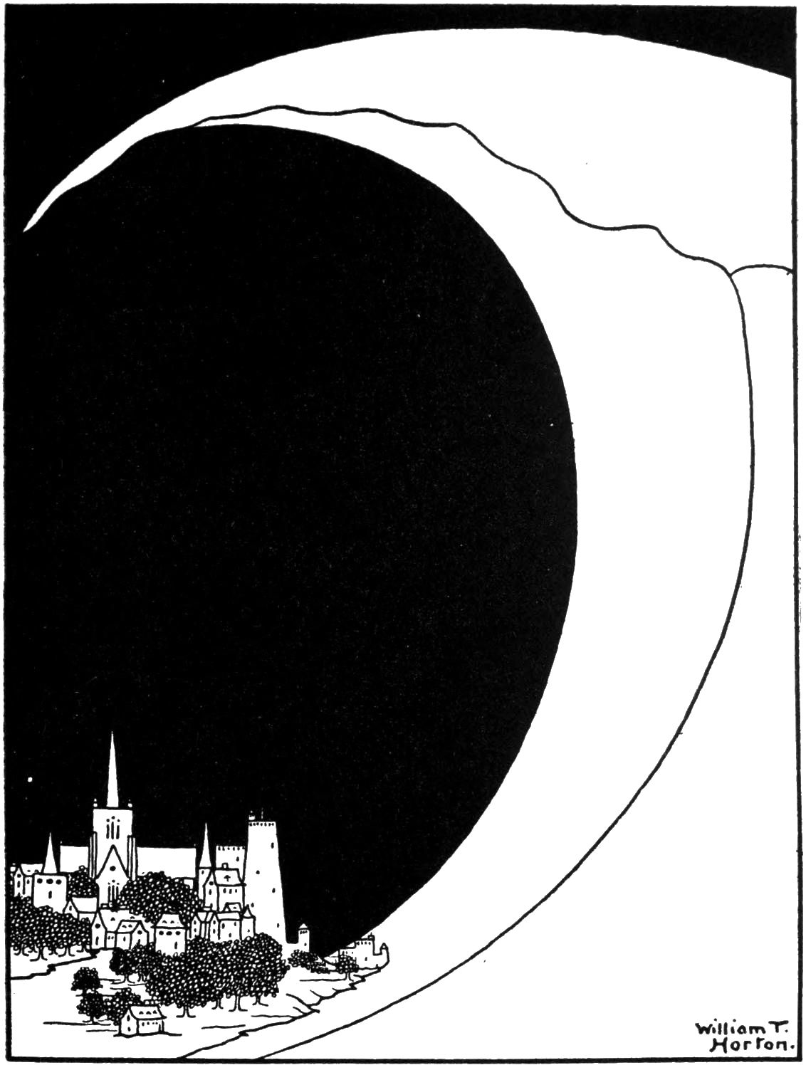 Black and white illustration of a city under a large, dark moon.