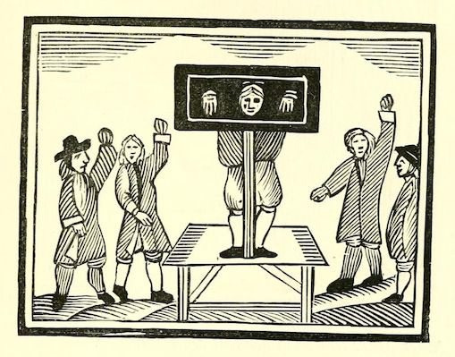 A black and white woodcut-style illustration depicting a public shaming scene with a person on a platform and four figures gesturing towards them.