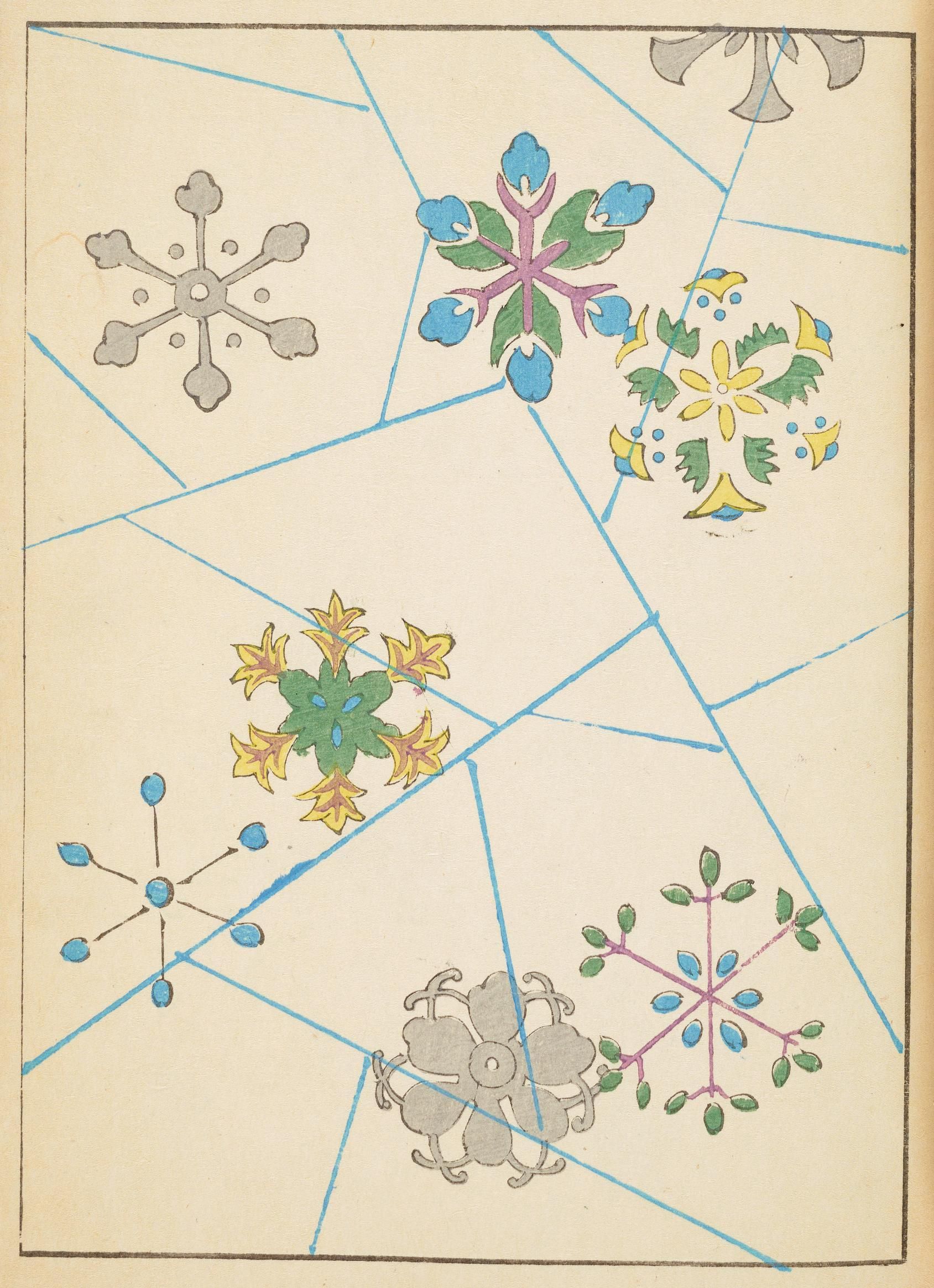 Vintage illustration of a geometric pattern with floral motifs on a yellow background.