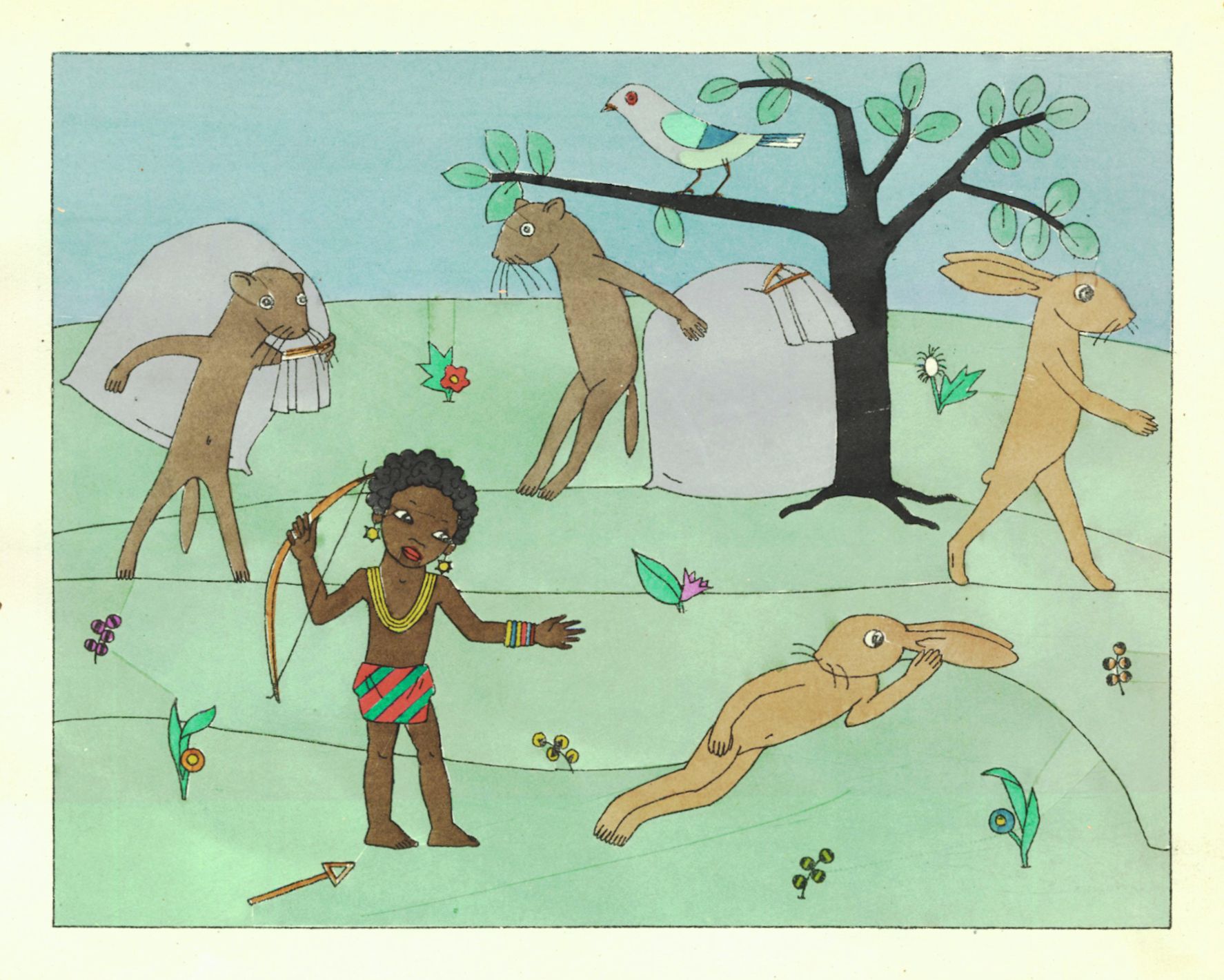 A colorful illustration of a young boy with a bow and arrow surrounded by anthropomorphic animals in a whimsical landscape.