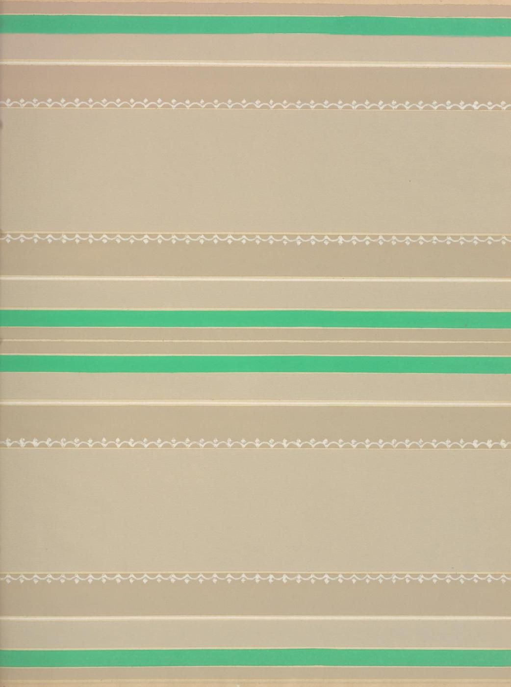 A vertical pattern with alternating stripes of light beige and green, with delicate floral patterns between the green stripes.