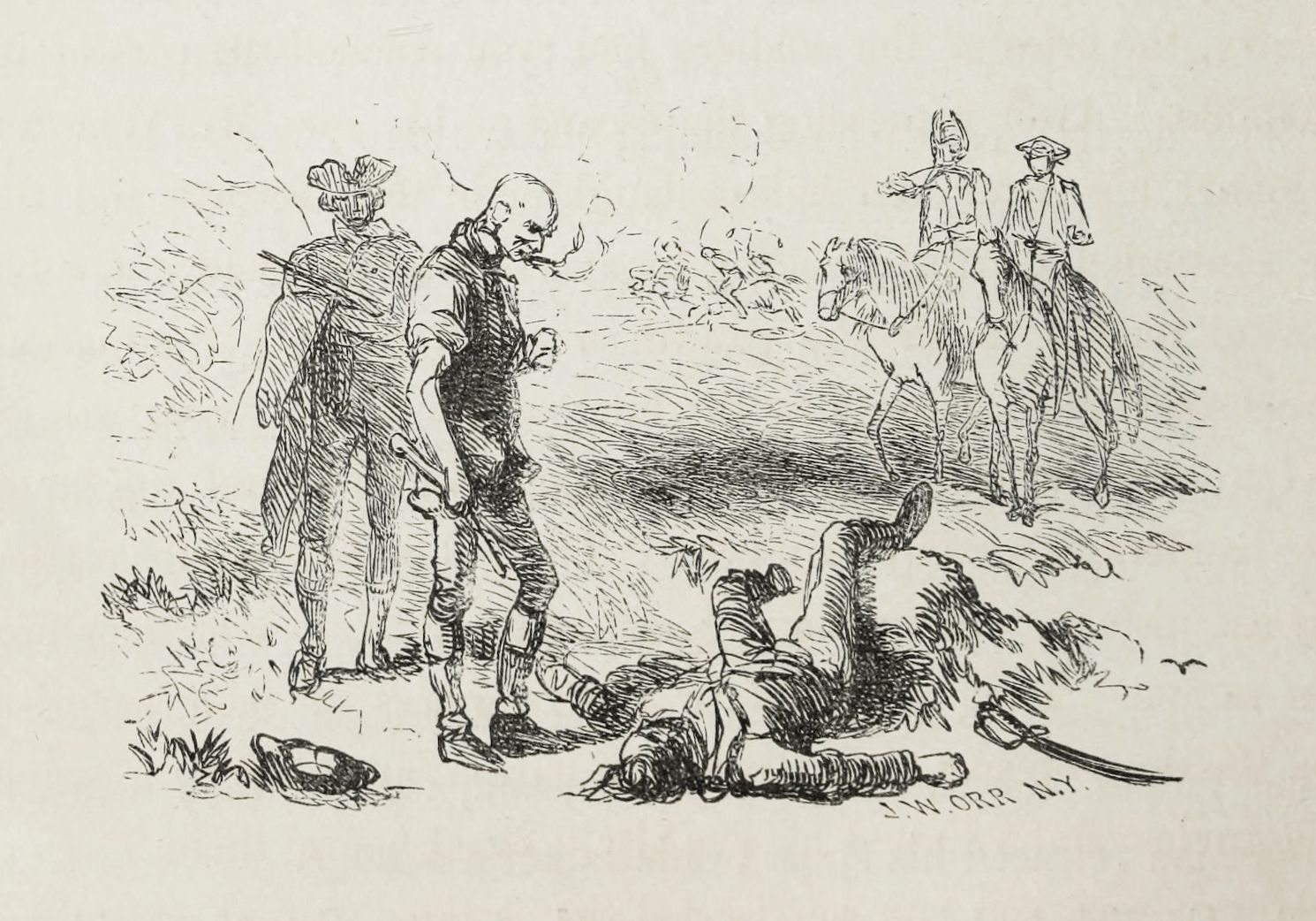 A black and white sketch of a man standing near a pile of dead animals, with two figures on horseback in the background.