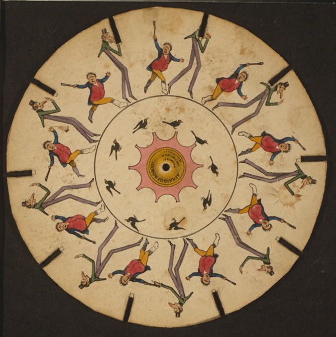 A circular phenakistoscope disc with illustrations of a man in various poses, arranged radially around a central point.