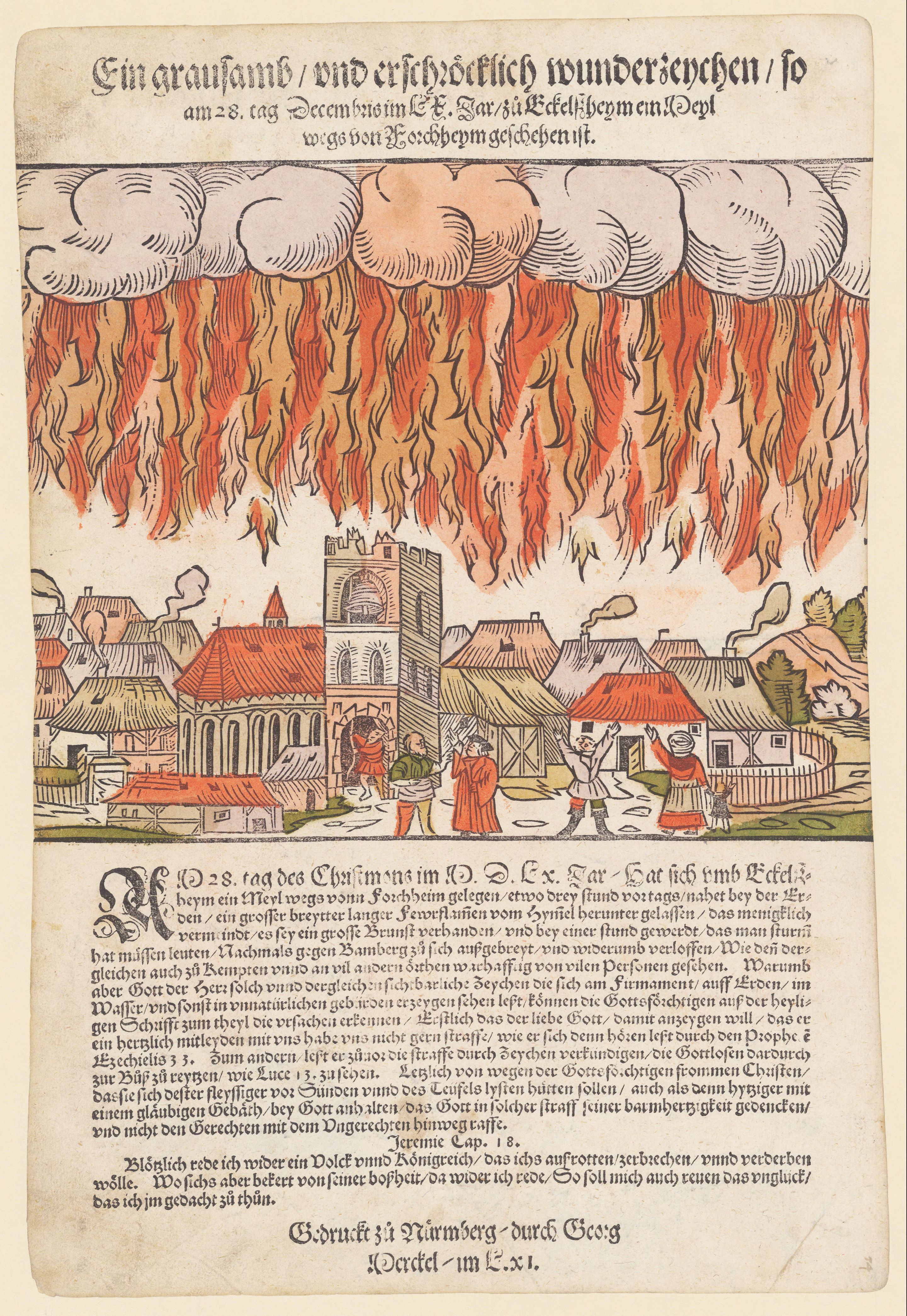 A historical woodcut illustration depicting a city engulfed in flames, with people fleeing in panic and chaos.