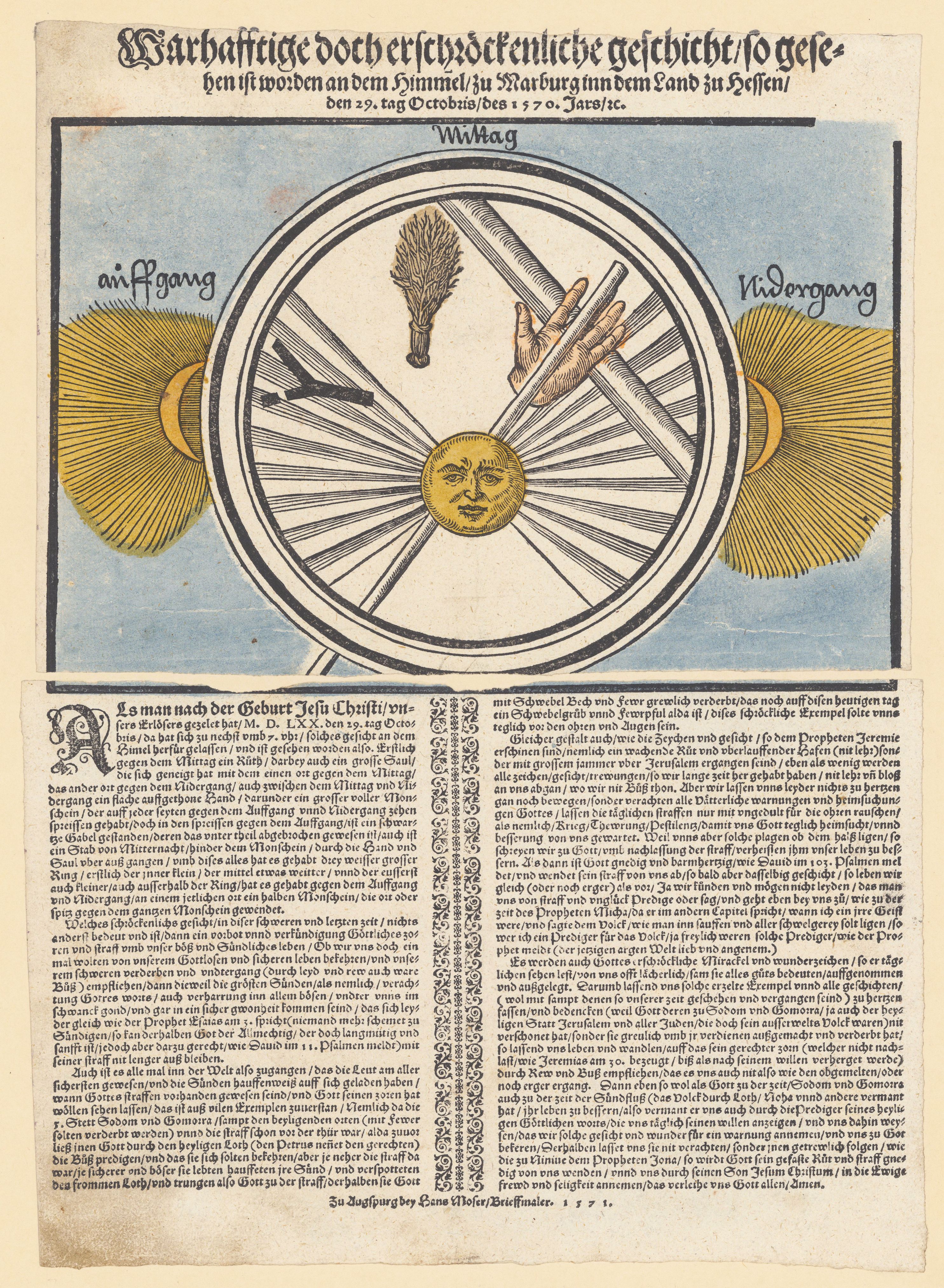 A scan of an old book page with a central illustration depicting a rising and setting sun over landscapes with figures and buildings, surrounded by ornate borders and dense text in an old German script.