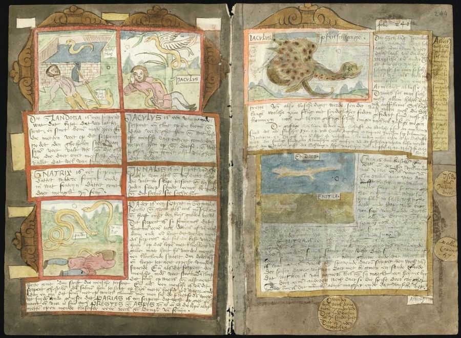 An open page from a medieval manuscript with colorful illustrations of fantastical creatures and densely written text.