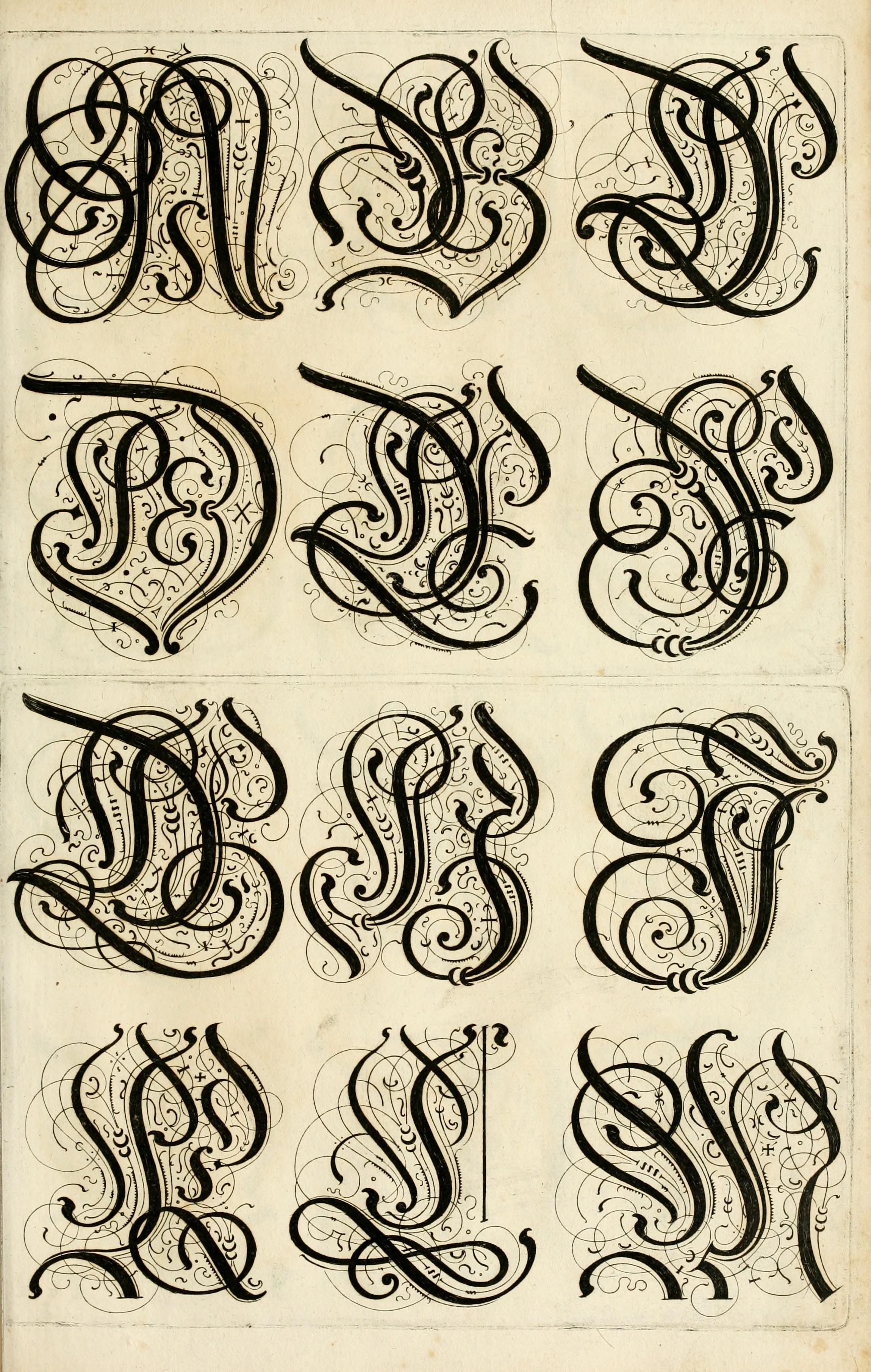 A vintage illustration of ornate, decorative letters in a Gothic or Old English style, arranged in a grid-like pattern on aged paper.