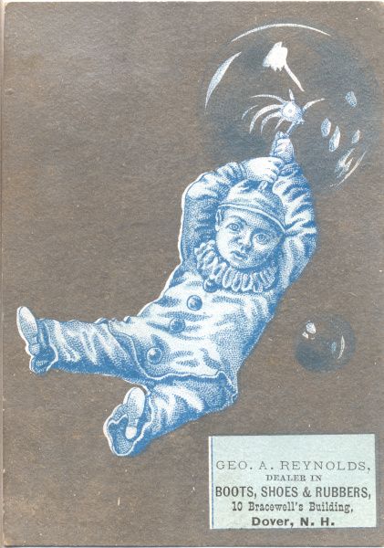 Vintage advertisement featuring a baby suspended upside down by an umbrella, advertising boots, shoes, and rubbers from Geo. A. Reynolds in Dover, N.H.