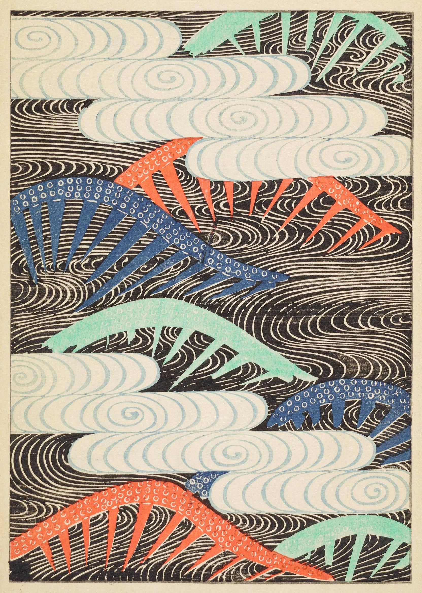 Vintage Japanese woodblock print of a storm at sea with swirling waves, clouds, and stylized lightning bolts.
