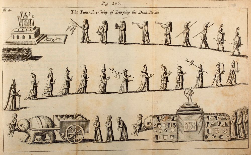 A detailed historical engraving depicting a funeral procession, titled "The Funeral, or Way of Burning the Dead Bodies."