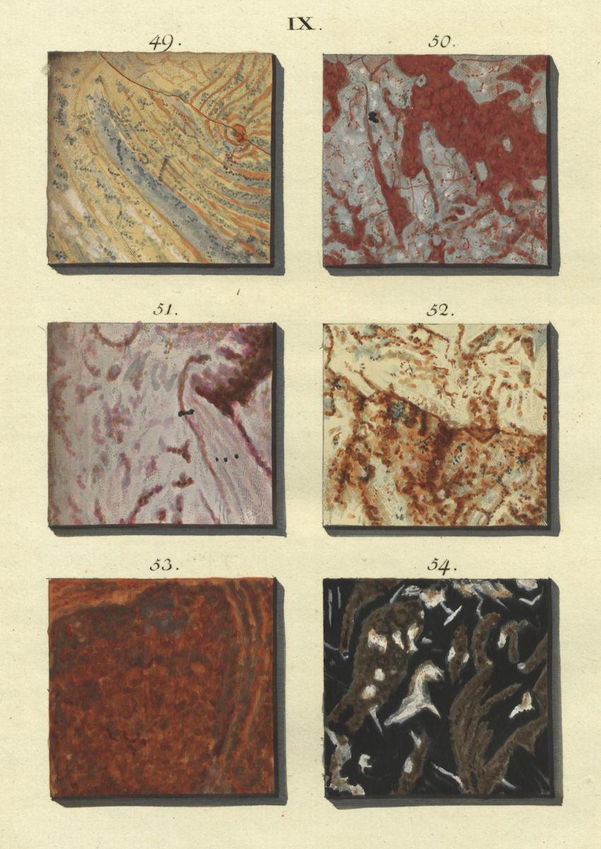 A vintage illustration featuring six square panels, each displaying a unique textured pattern resembling marble or stone. The panels are labeled with numbers 49 through 54.