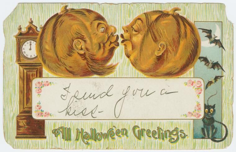 Vintage Halloween postcard with pumpkin heads kissing, a grandfather clock, a black cat, and bats.