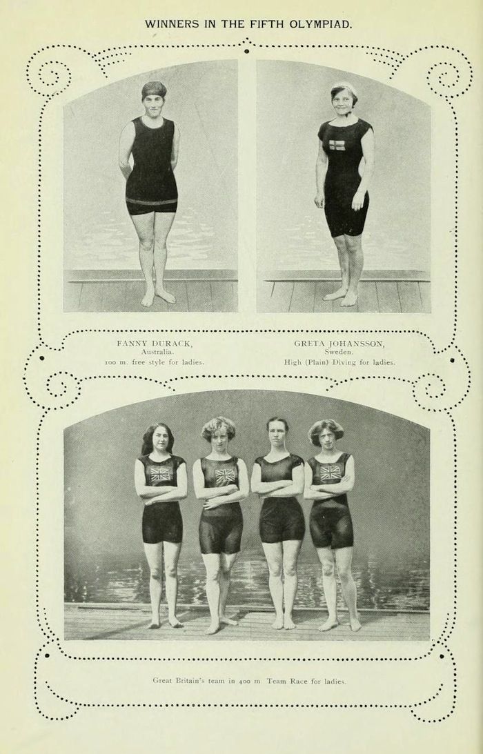 Vintage black and white photograph of Olympic winners from the Fifth Olympiad, featuring Fanny Durack, Greta Johansson, and the Great Britain's team in the 400m Team Race.